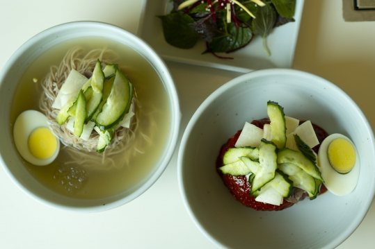 위에서 본 냉면 두 그릇 — 국물 냉면과 붉은 양념 냉면, 오이·무·삶은 달걀 반쪽